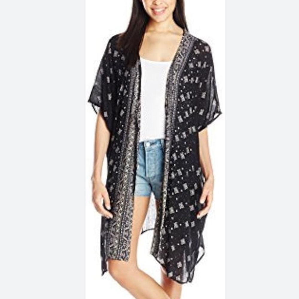 Angie Black‎ Purple Tan Print Women's Juniors Boho Long Duster Cardigan Large